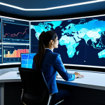 A professional logistics expert in a modest business suit, fully clothed, appropriate attire, sitting at a modern control desk. She is interacting with a large, translucent holographic display showing real-time global supply chain data, intricate inventory levels, and dynamic vehicle tracking maps. The environment is a sleek, brightly lit logistics command center with subtle ambient blue lighting, symbolizing connectivity. The background features abstract digital cloud network elements. safe for work, appropriate content, professional, perfect anatomy, correct proportions, natural pose, well-formed hands, proper finger count, natural body proportions, professional photography, high quality, family-friendly.