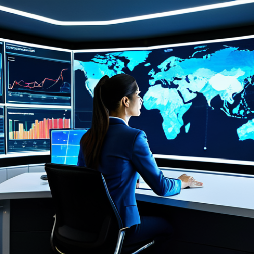 Home 11 A professional logistics expert in a modest business suit, fully clothed, appropriate attire, sitting at a modern control desk. She is interacting with a large, translucent holographic display showing real-time global supply chain data, intricate inventory levels, and dynamic vehicle tracking maps. The environment is a sleek, brightly lit logistics command center with subtle ambient blue lighting, symbolizing connectivity. The background features abstract digital cloud network elements. safe for work, appropriate content, professional, perfect anatomy, correct proportions, natural pose, well-formed hands, proper finger count, natural body proportions, professional photography, high quality, family-friendly.