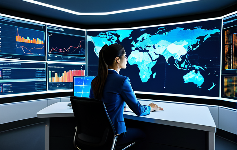 A professional logistics expert in a modest business suit, fully clothed, appropriate attire, sitting at a modern control desk. She is interacting with a large, translucent holographic display showing real-time global supply chain data, intricate inventory levels, and dynamic vehicle tracking maps. The environment is a sleek, brightly lit logistics command center with subtle ambient blue lighting, symbolizing connectivity. The background features abstract digital cloud network elements. safe for work, appropriate content, professional, perfect anatomy, correct proportions, natural pose, well-formed hands, proper finger count, natural body proportions, professional photography, high quality, family-friendly.