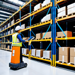** A modern, automated warehouse interior with robotic arms moving packages, Automated Storage and Retrieval Systems (AS/RS) in the background, Real-Time Inventory Tracking displays visible, bright lighting, fully clothed workers in safety vests, appropriate content, safe for work, perfect anatomy, natural proportions, professional, modest, family-friendly.

**