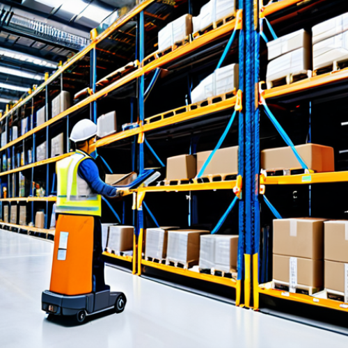 Home 6 ** A modern, automated warehouse interior with robotic arms moving packages, Automated Storage and Retrieval Systems (AS/RS) in the background, Real-Time Inventory Tracking displays visible, bright lighting, fully clothed workers in safety vests, appropriate content, safe for work, perfect anatomy, natural proportions, professional, modest, family-friendly.
**