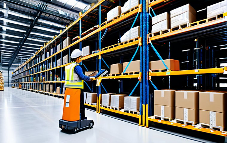 ** A modern, automated warehouse interior with robotic arms moving packages, Automated Storage and Retrieval Systems (AS/RS) in the background, Real-Time Inventory Tracking displays visible, bright lighting, fully clothed workers in safety vests, appropriate content, safe for work, perfect anatomy, natural proportions, professional, modest, family-friendly.

**