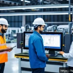 Home 16 리드 타임 단축 전략 - A modern manufacturing facility with advanced automation tools in use, showcasing digital screens di...