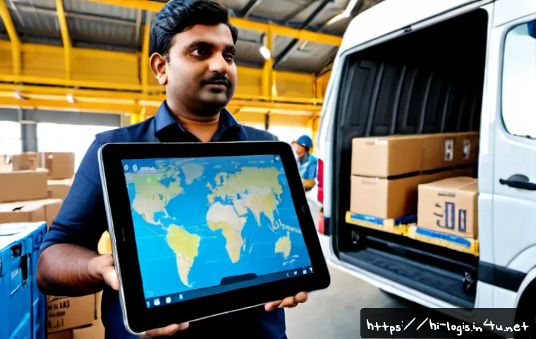 공유 물류 플랫폼 - Photorealistic shared logistics platform concept, Indian warehouse manager and delivery partners coo...