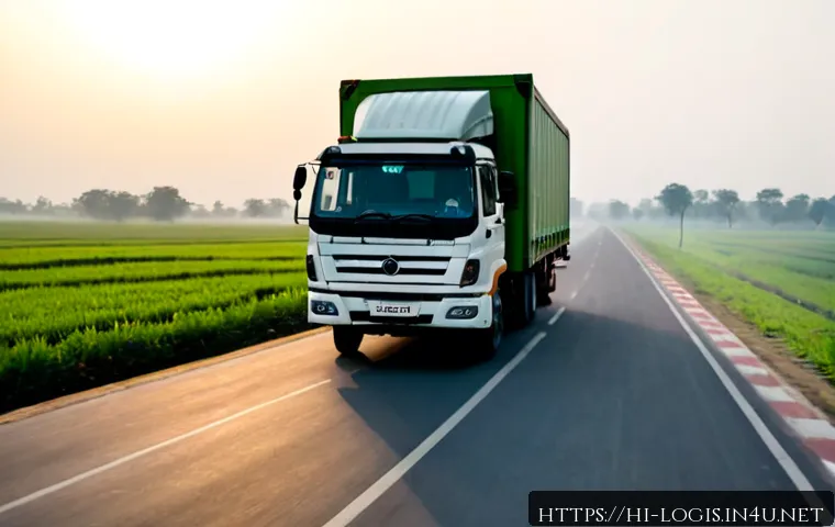 육상 물류와 트럭 운송 - Photorealistic Indian highway logistics scene at golden morning light, a clean modern cargo truck tr...